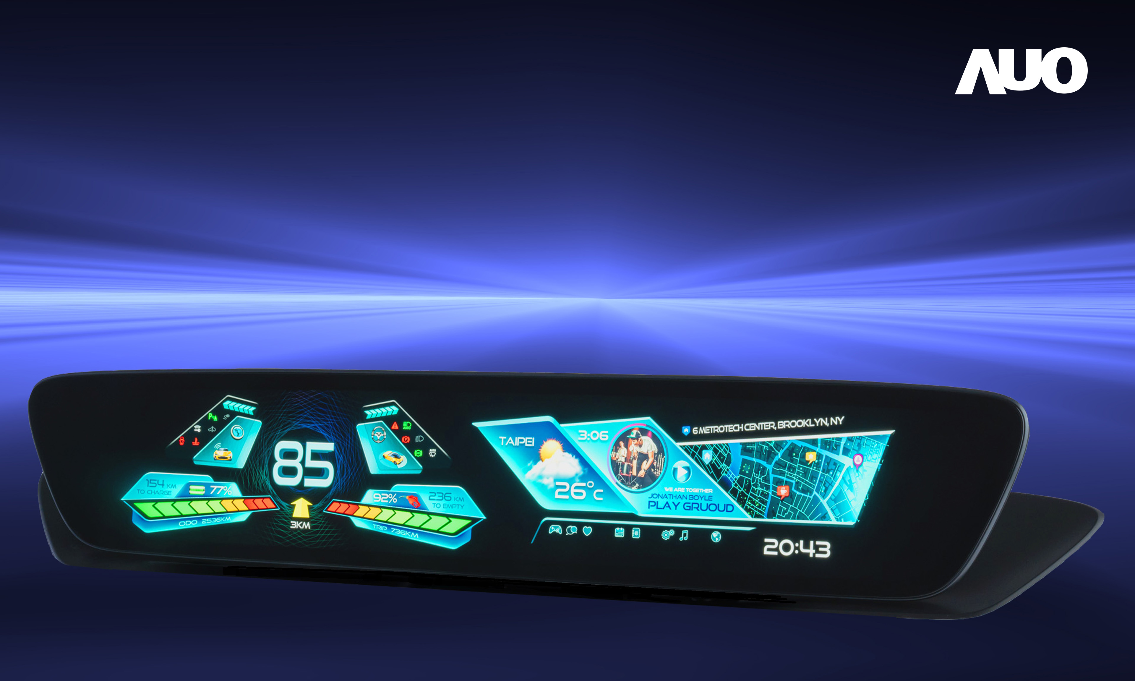 友達30.4吋異形曲面AmLED車載顯示系統，為一兼具儀表板及中控台人機介面的創新車載顯示系統，結合美學設計，提升車內科技沉浸感及使用體驗，讓車載顯示的未來應用更加多元化