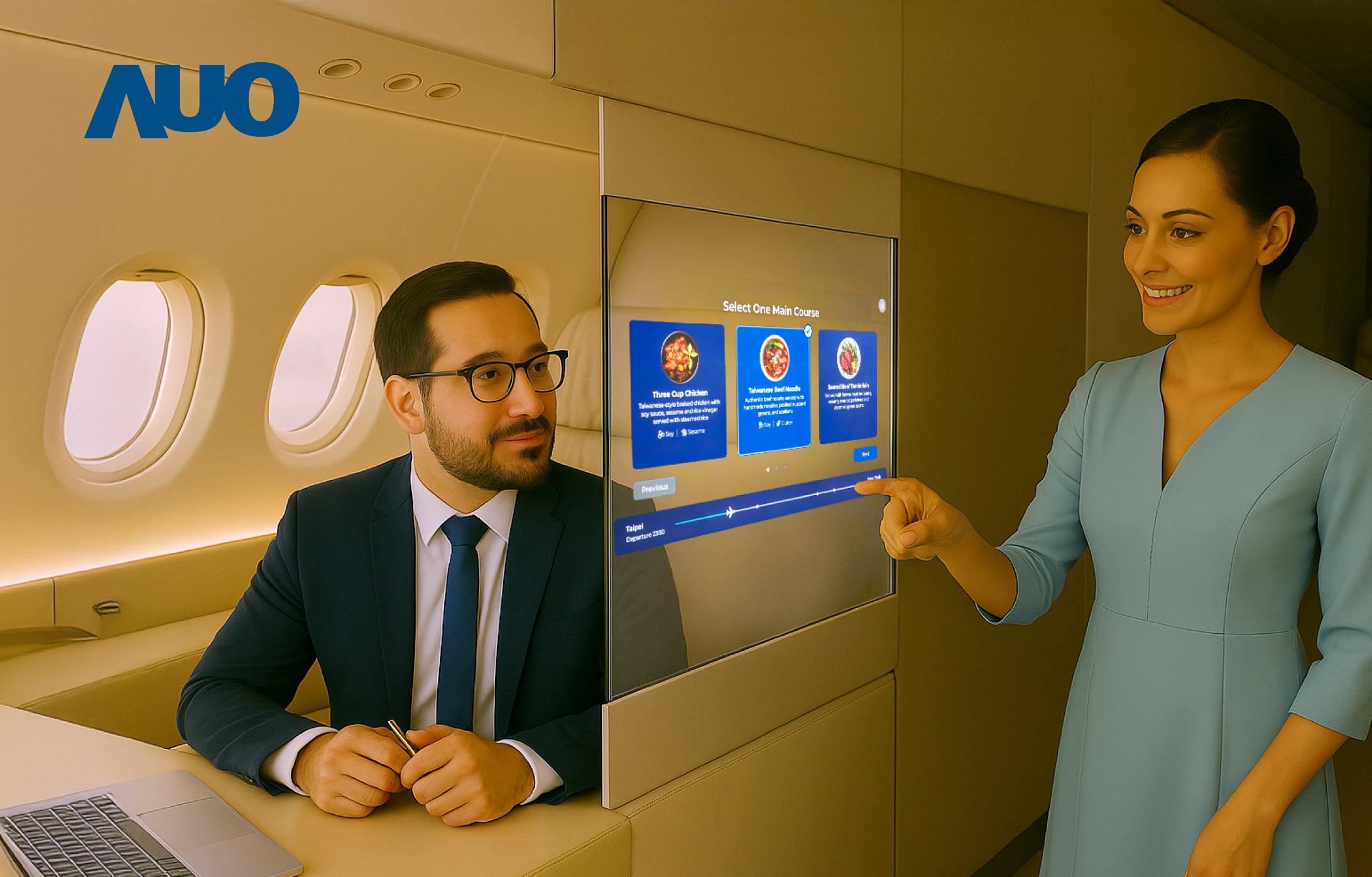 世界杯下单平台网站官网研发全球最薄17.3 吋双面透明 Micro LED 显示器，可在同一屏幕之双边投射不同信息，创造独特的&rdquo;透明化&rdquo;互动；图为实时翻译交流应用情境