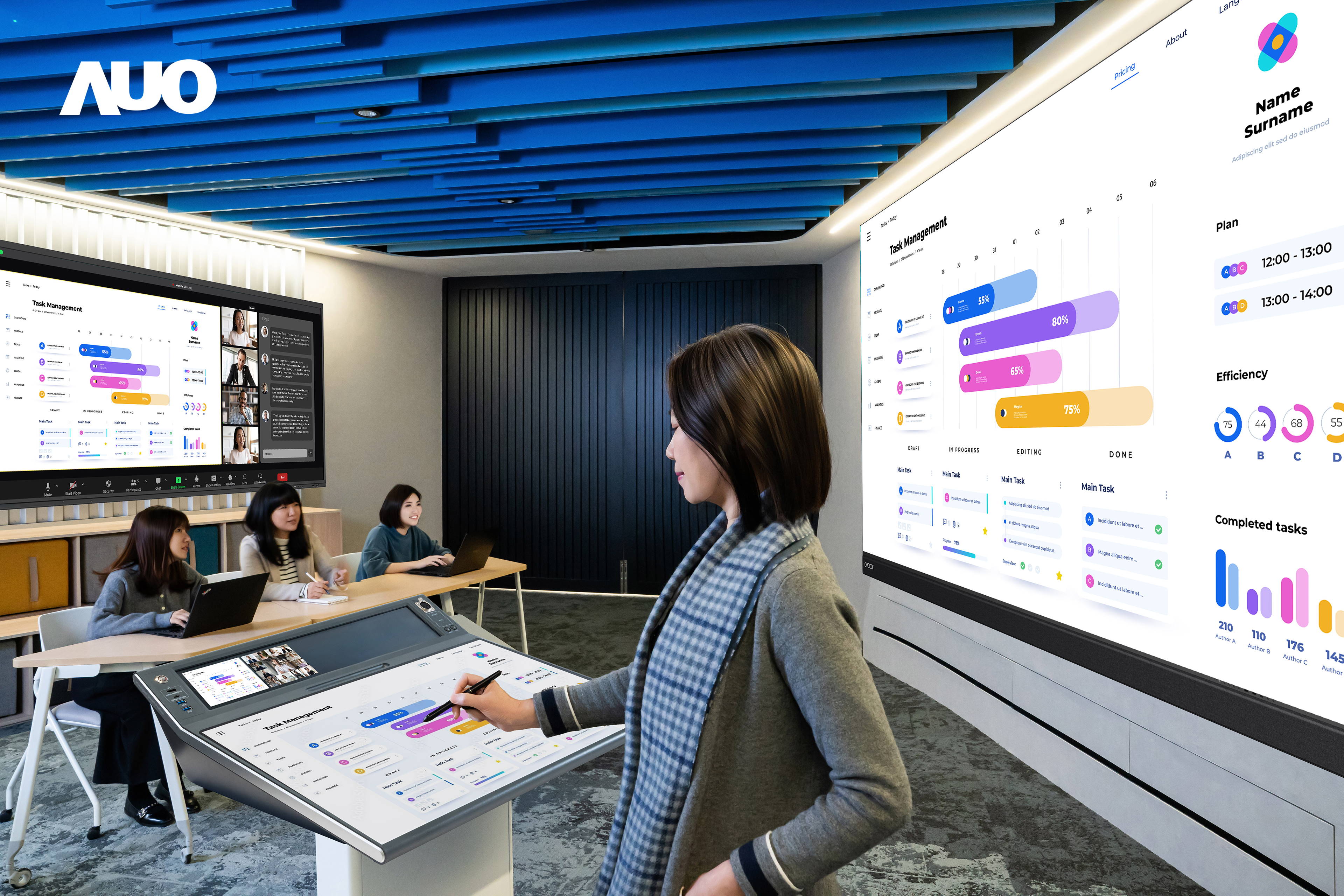 达擎携手Avocor与Rise Vision展示全方位商务领域应用，包含采用模块化设计的138吋一体式All-in-One LED显示器及具21:9超宽比例的92吋交互式电子白板（IFPD），讲者可轻松分享内容，有效提升会议协作效率。